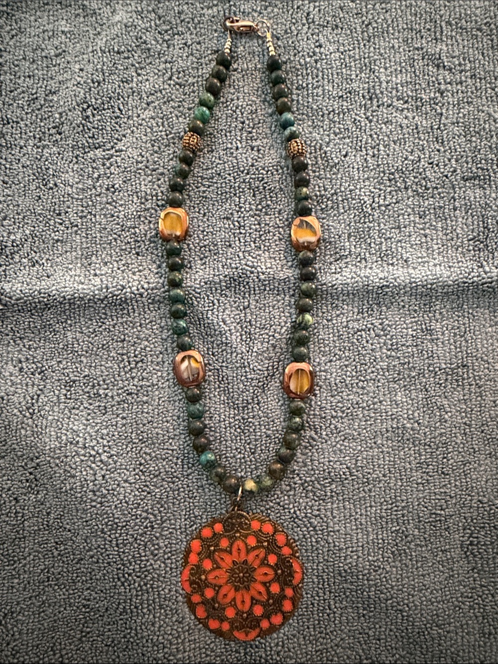 Green Beaded Necklace with Orange Floral Pendant - Homemade